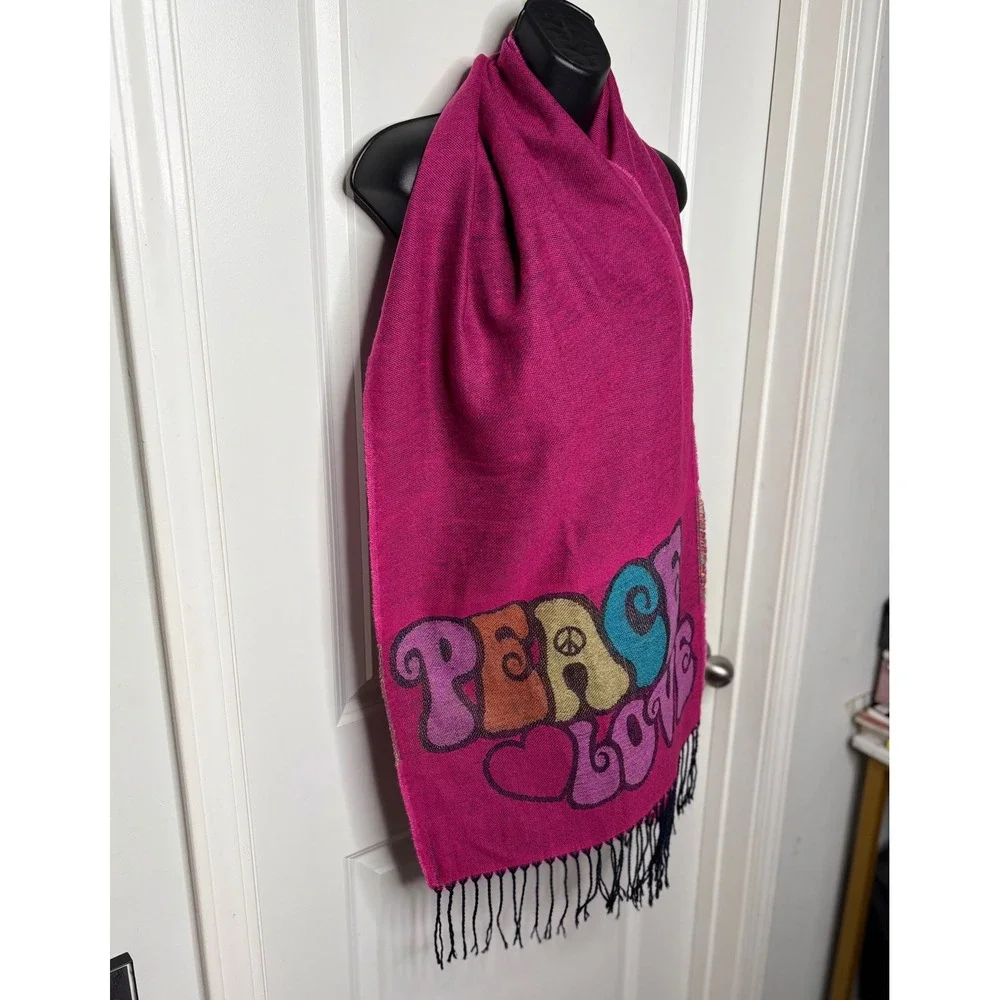 Peace Love Bright Magenta Graphic Scarf Recycled Polyester Fringe Wrap Pashmina